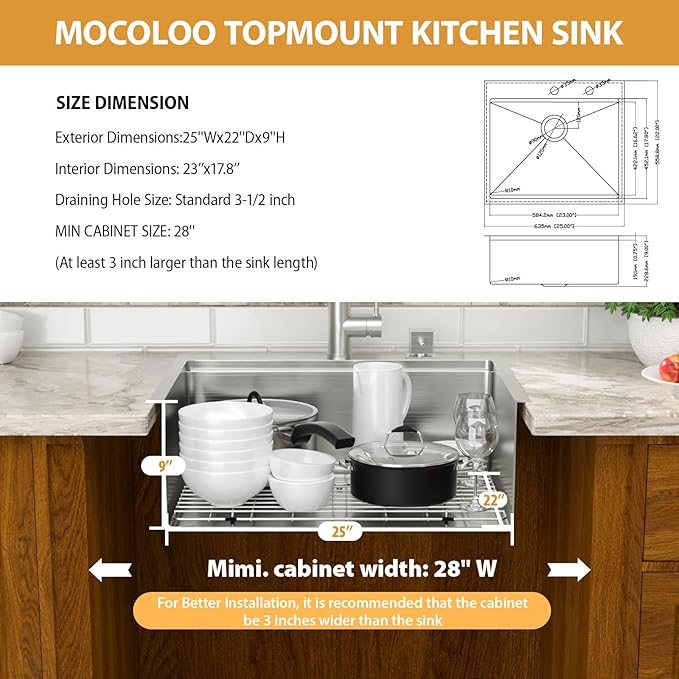 Mocoloo 25 Inch Kitchen Sink with Faucet, 16 Gauge Drop in Workstation Sink - 25x22x9" Stainless Steel Single Bowl Small Rv Kitchen Sink with Pull-Out Faucet