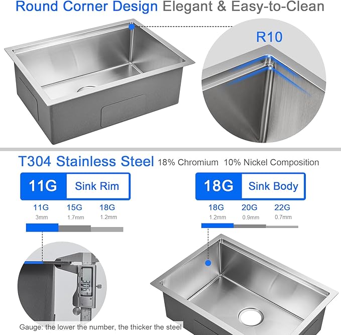 MENATT 25 Inch Undermount Workstation Kitchen Sink, 25"×18" Stainless Steel Single Bowl Undermount Handmade Kitchen Sink with Cutting Board and Colander, D25"XW18"XH9"
