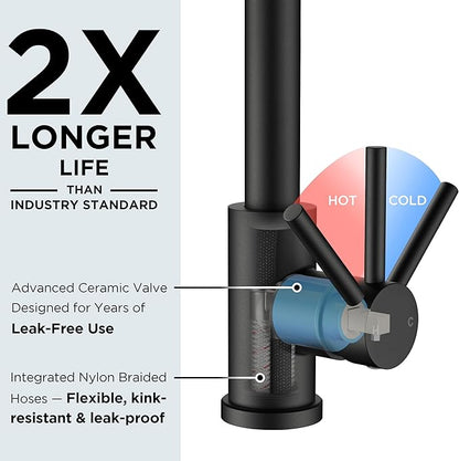 FORIOUS Black Bar Sink Faucet for Kitchen Sink, Modern Single Handle Kitchen Faucet with Pull Down Sprayer, Stainless Steel High Arc with Deck Plate for 1 or 3 Hole, Suitable for Bathroom RV Camper