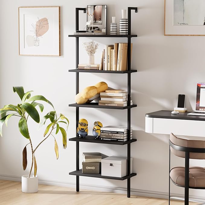 aboxoo Ladder Shelf Open 5-Tier Bookshelf Wall-Mounted Black Wood Bookcase Storage Rack Open Industrial Modern Plant Stand Utility Organizer Bookcase Metal Frame Furniture Office Bedroom