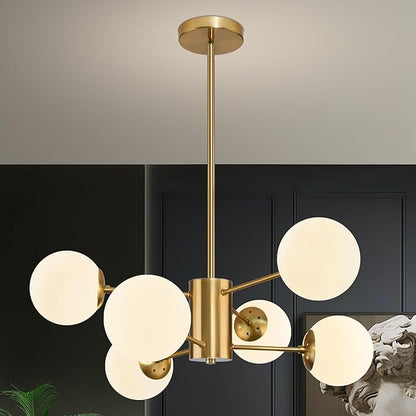 Bagood 6-Light Globe Sputnik Chandelier Milk Glass Modern Gold Chandelier Light Fixture Mid Century Sputnik Chandeliers Pendant Light Frosted Globe Adjustable Hanging Ceiling Light for Entryway