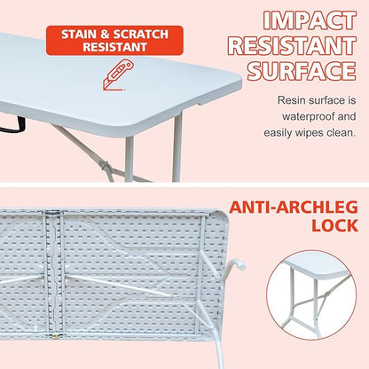 Portable 6Ft Plastic Folding Table, Heavy Duty 6ft Fold-in-Half Table with Carrying Handle, 6' Folding Utility Foldable Table for Picnic Party Camping Kitchen, Indoor/Outdoor (White)