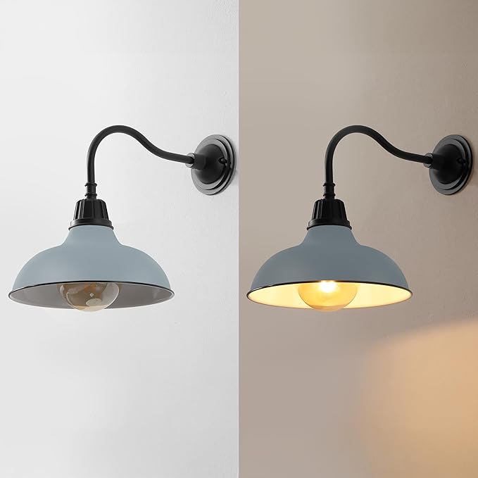 JONATHAN Y 12.25" Matte Silver Blue/Black Farmhouse Industrial Outdoor Sconce, LED Gooseneck Wall Light for Porch, Metal Bowl Shade, Dimmable Vintage Exterior Fixture, LED Bulb Included (JYL7613N)