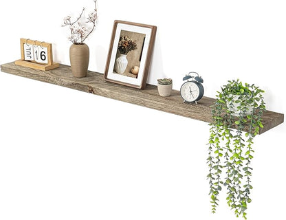 Dreamland 55 Inch Long Floating Shelf, Solid Reclaimed Wood Wall Shelves 7.5 Inch Deep for Storage with Invisible Heavy-Duty Metal Bracket, Set of 1, Grey