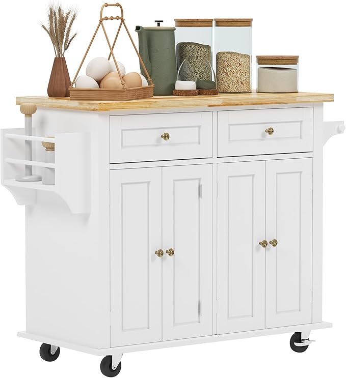 SogesHome Kitchen Island Cart with Storage Kitchen Cart Sideboard and Buffet with Wheels Bar Cart with Large Countertop, with Towel Holder and Spice Rack, 2 Drawers, 2-Door Cabinets, White&Maple