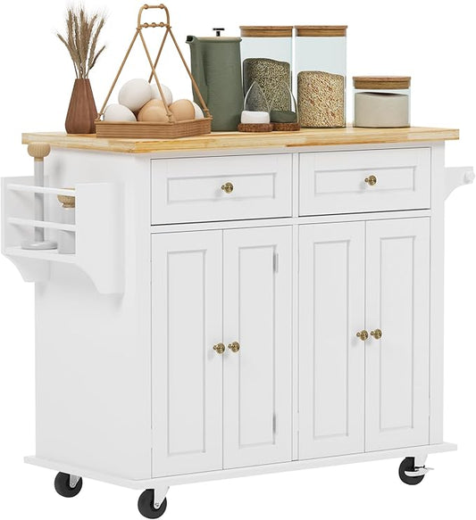 SogesHome Kitchen Island Cart with Storage Kitchen Cart Sideboard and Buffet with Wheels Bar Cart with Large Countertop, with Towel Holder and Spice Rack, 2 Drawers, 2-Door Cabinets, White&Maple