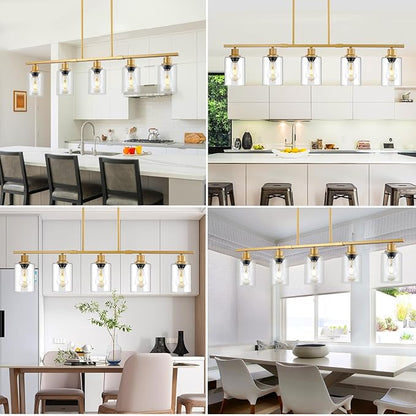 39.4" Kitchen Island Lighting, 5 Lights Clear Glass Pendant Light Fixtue, Golden Linear Metal Chandelier for Dining&Living Room Foyer,Height Adjustable,E26 Socket