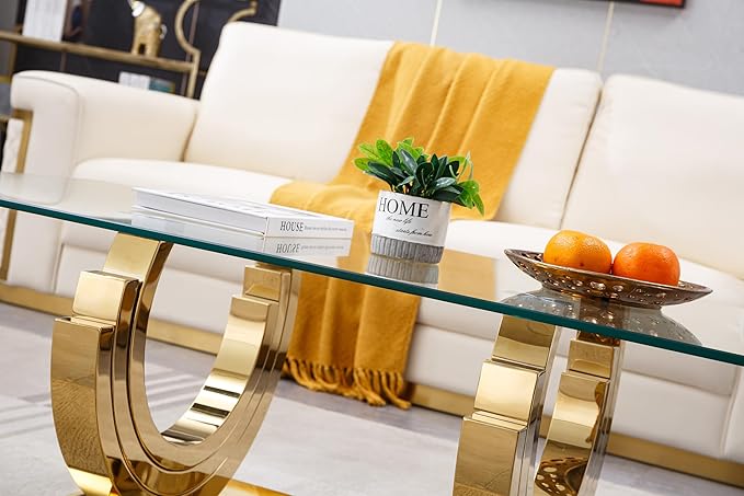 Modern Glass Coffee Table, 51" Sofa Coffee Table with Gold Stainless Steel Frame and Clear Glass Top, Rectangular Cocktail Table Accent Centre Table for Living Room