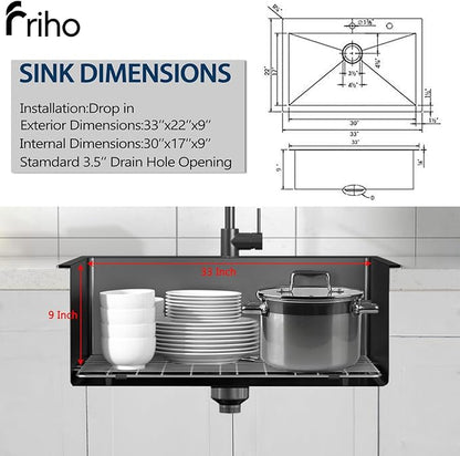 33x22 Black Drop In Kitchen Sink, 33 Inch Stainless Steel Top Mount Single Bowl Sink with Drain Strainer