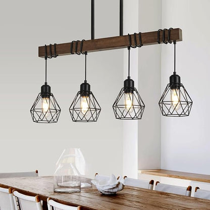 29.5 ‘’ 4-Light Kitchen Chandeliers Over Table, Farmhouse Black Dining Room Light Fixture, Linear Rustic Wood Ceiling Pendant Island Light Fixtures with Metal Lampshade, Height Adjustable