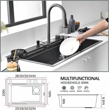 Black Kitchen Sink, 15 Inch Nano Stainless Steel Waterfall, Countertop Workstation Single Sink Set & Accessories, for Countertop, Kitchen, Bar (BLACK, 15 x 15 IN)