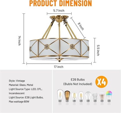17" Palace Retro Chandelier, 4-Light Vintage Flush Mount Ceiling Lighting Fixture, Farmhouse Gorgeous Gold Metal Pendant Lamp for Dining Room Bedroom Kitchen Island Hallway
