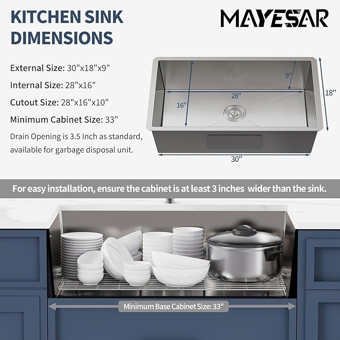 MAYESAR 30 Inch Undermount Kitchen Sink - 30 x 18 Stainless Steel Kitchen Sinks 16 Gauge Single Bowl 9" Deep Handmade Sink with Brushed Finish, Round Corner