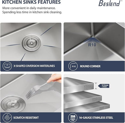 30 Inch Smart Waterfall Kitchen Sink - Beslend 30x19 Stainless Steel Drop In Waterfall Sink Topmount Workstation 16 Gauge Modern Sinks Single Bowl with Faucet, Cup Washer and Digital Display