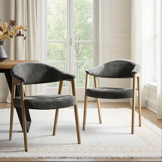 HULALA HOME Dining Chairs Set of 2, Mid-Century Modern Upholstered Dining Room Chair with Armrest, Curved Backtrst & Solid Wood Legs, Kitchen Side Chairs for Resurant, Living Room - Dark Gray