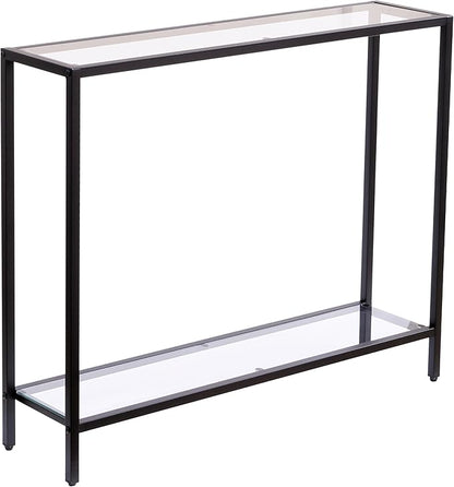 MAJARO Small Modern Console Table for Entryway, Tempered Glass with Metal Frame Sofa Table for Living Room, Hallway, Office (Double-Layer, Black)