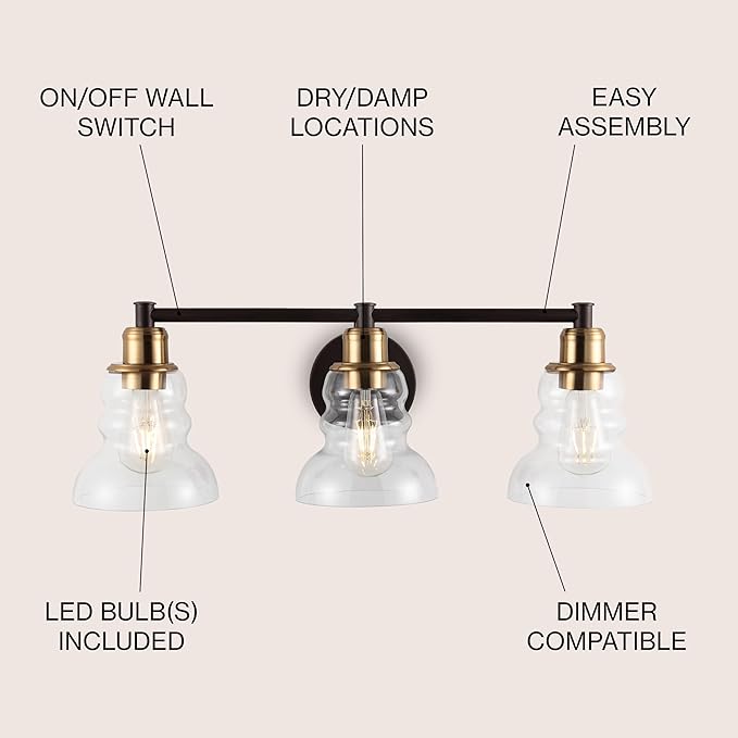 JONATHAN Y 25.5" Brass Gold/Oil Rubbed Bronze Modern Industrial Rustic 3-Light LED Vanity Light with Clear Glass Shade, Vintage Wall Sconce for Bathroom Kitchen Hallway, LED Bulb Included (JYL3546A)