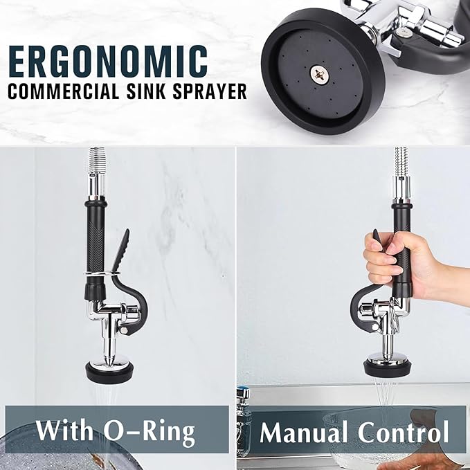 Commercial Faucet with Sprayer, 43 Inch Height Commercial Sink Faucet Wall Mount with 8" Adjustable Center and 12" Add-on Swing Spout & Pull Down Pre Rinse Sprayer