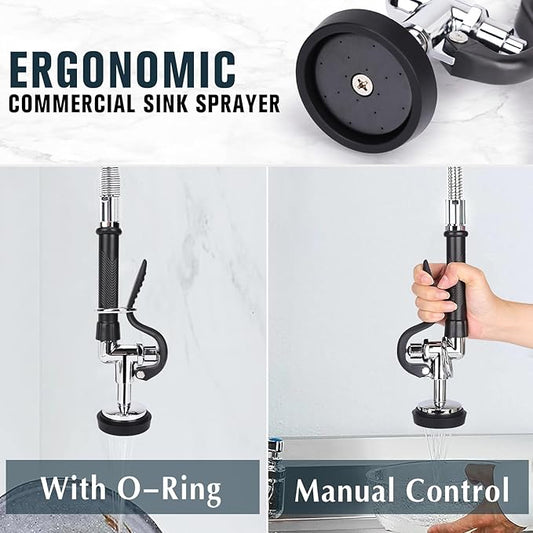 Commercial Faucet with Sprayer, 43 Inch Height Commercial Sink Faucet Wall Mount with 8" Adjustable Center and 12" Add-on Swing Spout & Pull Down Pre Rinse Sprayer