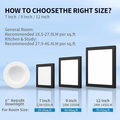 mw 7 Inch Square Black Ceiling Light, 12W, 120V, 3000K/4000K/5000K, Dimmable Slim LED Ceiling Lights, Close to Ceiling Light Fixtures for Bedroom, Hallway, Laundry, ETL Listed, Each Side is 6.38"