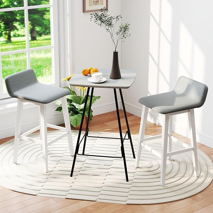 Giantex 29" Bar Stools Set of 2, Upholstered Bar Height Barstools with Low Back, Footrest, Armless Wood Bar Chairs for Kitchen Island, Dining Room, White & Gray