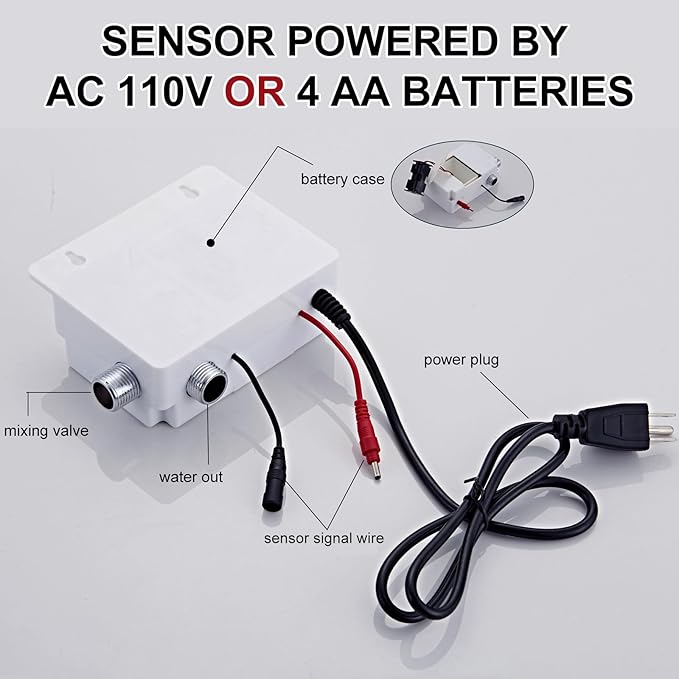 Touchless Bathroom Sink Faucet - Automatic Motion Sensor Battery Opertated with Temperature Mixing Valve for Commercial Lavatory Bathroom, Chrome