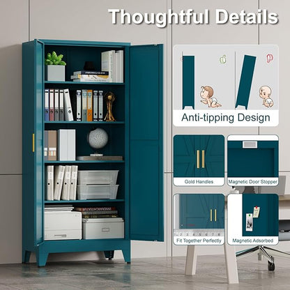Tall Kitchen Pantry Storage Cabinet,Metal Blue Cabinets With Doors and Adjustable Shelves,Garage Storage Cabinets,Large Steel Shop Cabinet With Lock,Lockable Tool Cupboard For Living Room (Blue)