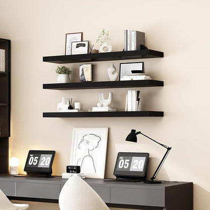 WELLAND 48 inch Black Mission Floating Shelves for Wall, Bathroom Wall Mount Shelves, Wood Modern Display Shelves, Book Shelves,for Bedroom,Living Room and Kitchen