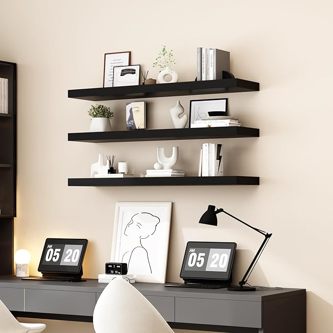 WELLAND 60 inch Black Mission Floating Shelves for Wall, Bathroom Wall Mount Shelves, Wood Modern Display Shelves, Book Shelves,for Bedroom,Living Room and Kitchen