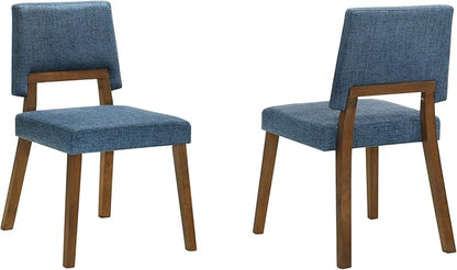Armen Living Channell Wood Dining Chair in Walnut Finish with Blue Fabric - Set of 2