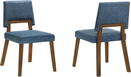 Armen Living Channell Wood Dining Chair in Walnut Finish with Blue Fabric - Set of 2