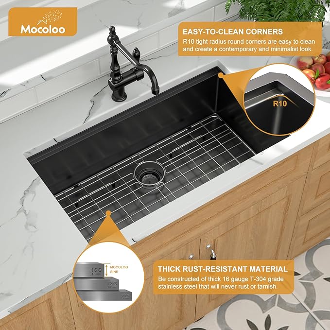 Mocoloo 32 Inch Undermount Kitchen Sink, 32x19 Gunmetal Black Stainless Steel Workstation Sink, 16 Gauge Modern Single Bowl 10'' Deep Kitchen Basin