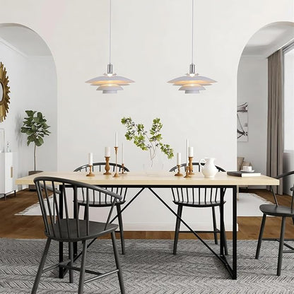 FCTWAKS Mid Century Modern Pendant Light, 15" Nordic Hanging Ceiling Light Fixture with 4-Tier Metal Shade, E26 Base, Vintage Pendant Lamp for Kitchen Island, Dining Room White