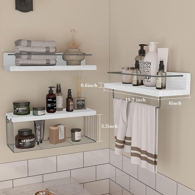 PopiShelves Bathroom Shelves Over Toilet for Wall, Floating Shelves with Storage Basket Paper Holer for Kitchen Living Room, Bedroom & Classroom, Set of 3 (White and Grey)