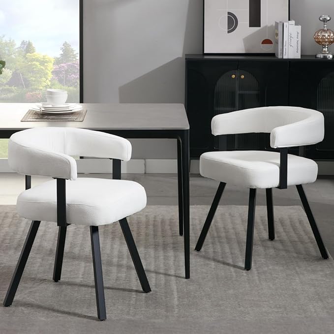 Modern Barrel Dining Chairs Set of 2, White Chenille Upholstered Dining Room Chairs with Arms, Comfy Kitchen Chairs with Black Metal Legs for Dinner Living Room