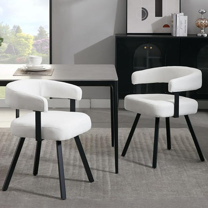 Modern Barrel Dining Chairs Set of 2, White Chenille Upholstered Dining Room Chairs with Arms, Comfy Kitchen Chairs with Black Metal Legs for Dinner Living Room