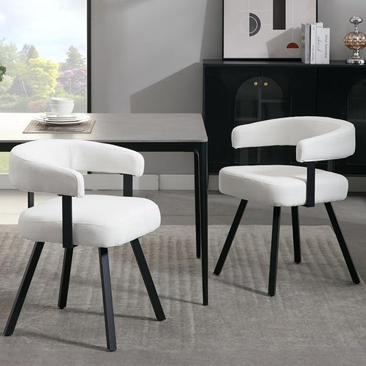 Modern Barrel Dining Chairs Set of 2, White Chenille Upholstered Dining Room Chairs with Arms, Comfy Kitchen Chairs with Black Metal Legs for Dinner Living Room