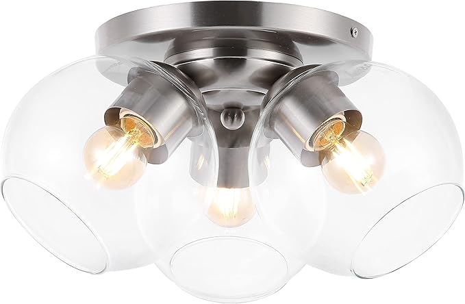 JONATHAN Y 11.5" Nickel/Clear 3-Light Semi Flush Mount Ceiling Light, Farmhouse Rustic Iron Fixture for Kitchen Bedroom, Clear Glass Shade, LED Bulbs Included (JYL7568B)
