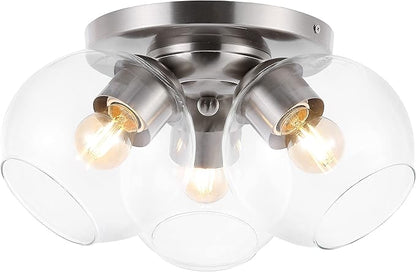JONATHAN Y 11.5" Nickel/Clear 3-Light Semi Flush Mount Ceiling Light, Farmhouse Rustic Iron Fixture for Kitchen Bedroom, Clear Glass Shade, LED Bulbs Included (JYL7568B)