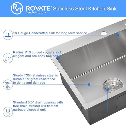 ROVATE 22 x 18 inch Drop-in Kitchen Sink Single Bowl, Small Topmount Kitchen Sink, Handmade 304 Stainless Steel Overmount Sinks with Strainer