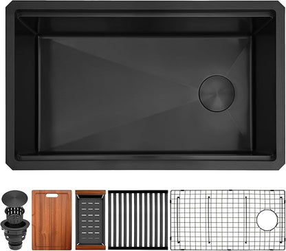 Black Undermount Kitchen Sink 30 inch,16 Gauge Stainless Steel Sinks,Single Bowl Workstation Sink,Modern Kitchen Sink Offset Drain (30" X 18")