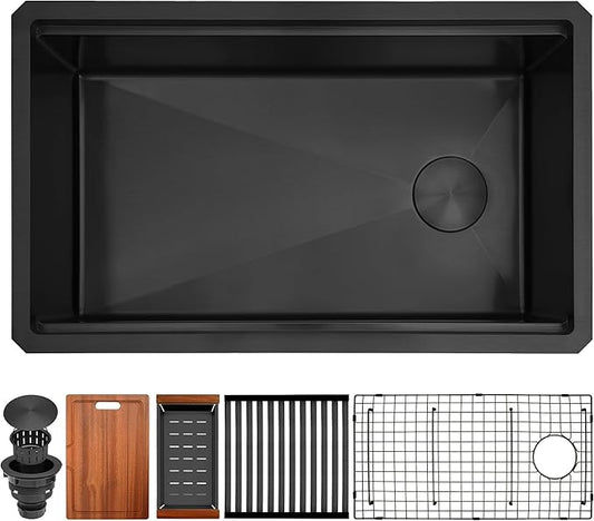 Black Undermount Kitchen Sink 30 inch,16 Gauge Stainless Steel Sinks,Single Bowl Workstation Sink,Modern Kitchen Sink Offset Drain (30" X 18")
