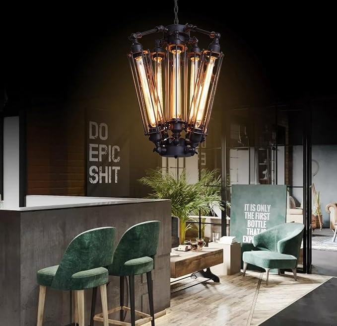 Industrial Metal Chandelier, 8 Lights Retro Chandelier Vintage Steampunk Style Pendant Light Loft Ceiling Fixture Pendant Hanging Lamp Geometric Structure Ceiling Lamp for Kitchen Living Room Bar