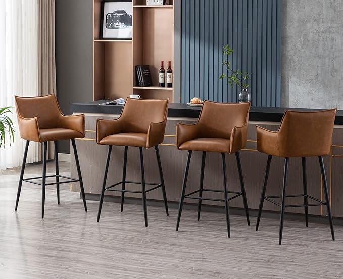 Brown Leather Bar Stools Set of 6, Mid Century Modern Upholstered Kitchen Chairs with Arms and Black Metal Legs 30” Height Stools with Back for Dining Room Home Pub Faux Leather in Brown