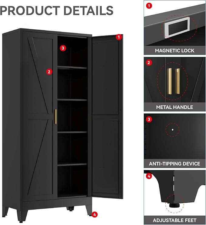 Farmhouse Pantry Cabinet with Barn Doors, 71" H x 31.5" W, 5-Tier Metal Storage Cabinet with 4 Adjustable Shelves for Kitchen Garage Dining Room, Black 1 Pack