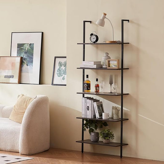 VEVOR Ladder Shelf, 5-Tier Bookshelf 24x11.8in, Open Wall-Mounted Ladder Shelf with Metal Frame,Storage Rack Sundries Holder for Kitchen Bedroom Bathroom Living Room, Black