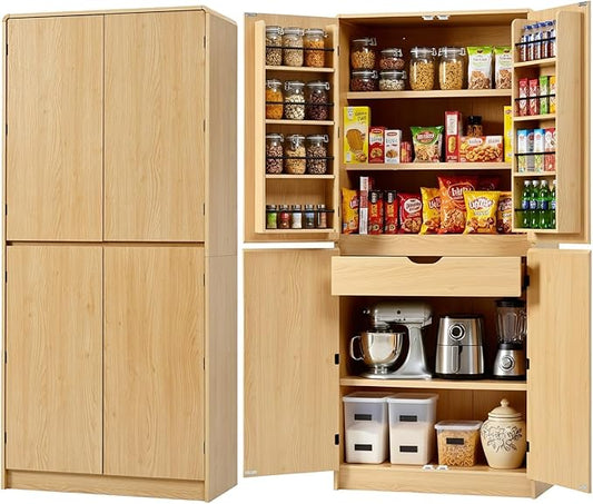 Amposei 72’’ Tall Kitchen Pantry Cabinet with Drawer & Adjustable Shelves, Modern Cupboard Storage Cabinet for Living Utility Room, Natural
