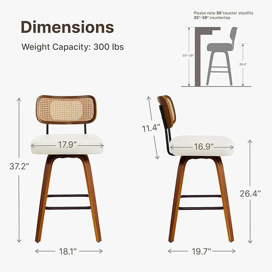 Swivel Bar Stools Set of 4, 26" Upholstered Counter Height Bar Stools with Rattan Back and Bent Walnut Wood Legs, Faux Leather Modern Barstools for Kitchen Island,Rattan Beige