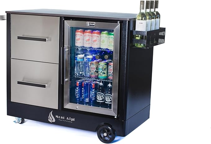 Mont Alpi Stainless Steel 48"W x 22.5"D x 36"H Large Outdoor Kitchen Island Rolling Bar Cart Prep Table Grill Station with Ceramic Top & Beverage Refrigerator + Storage Drawers + Portable Ice Cooler