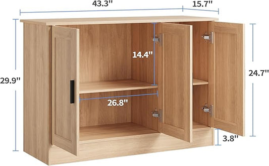 Anystyle 43" Oak Buffet Cabinet with Black Handles, Small Kitchen Sideboard with 3 Doors & Adjustable Shelves, Modern Entryway Credenza & TV Console Table for Living Room, Dining Room